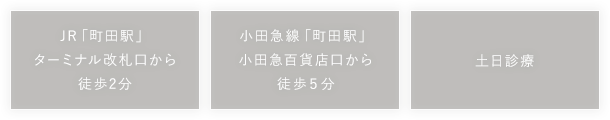 JR「町田駅」ターミナル改札口から徒歩2分 小田急線「町田駅」小田急百貨店口から徒歩5分 土日診療